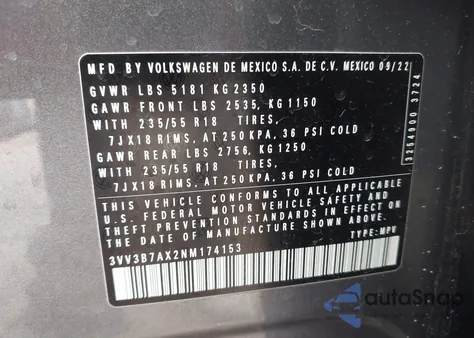 2022 Volkswagen Tiguan 2.0T Se z USA, uszkodzony, nr VIN 3VV3B7AX2NM174153